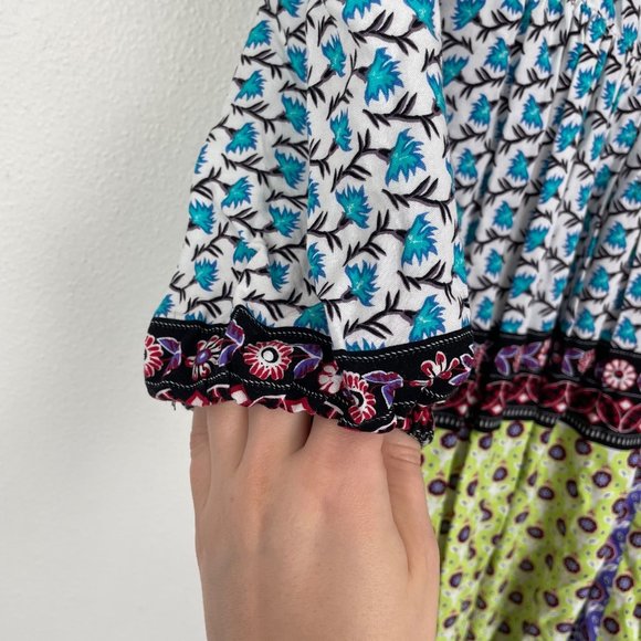 Eci S Blue Green Square Neck Balloon Sleeve Mixed Pattern Bohemian Boho Twee - Picture 4 of 10